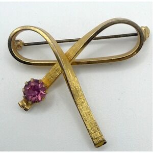 Vintage Gold Tone Bow Brooch Pink Accent Textured 1.75"